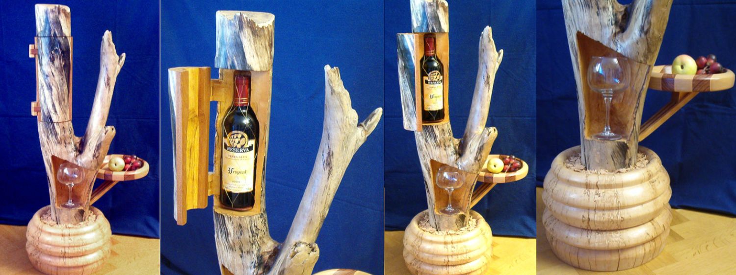 Vinträd med plats för flaska, fruktbricka