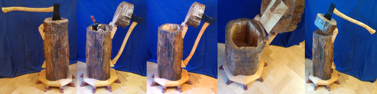 Huggkubbe med yxa, litet barskåp